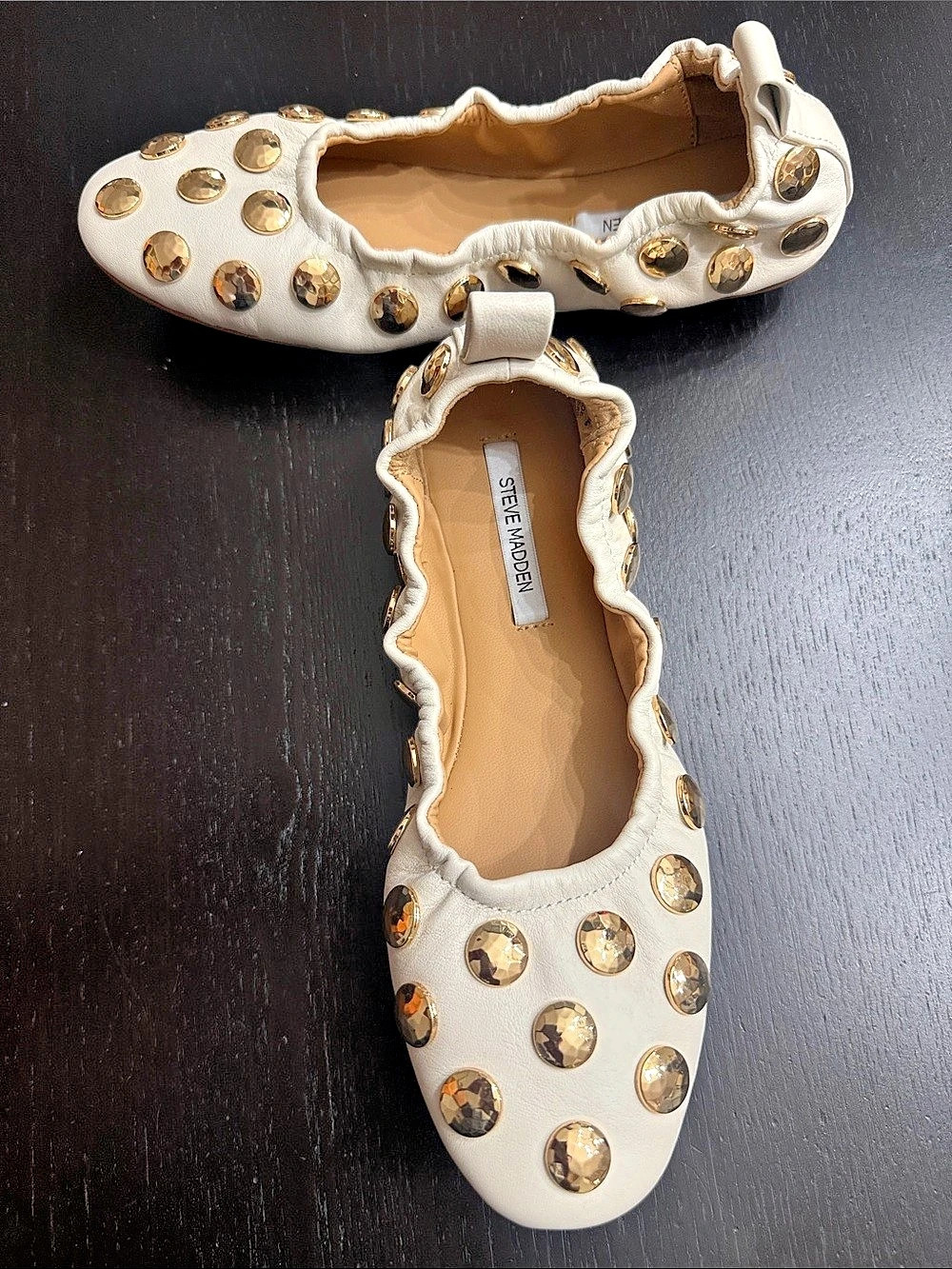 Steve Madden Lanta Leather Studded Round-Toe Ballet Flat Flats White US 6